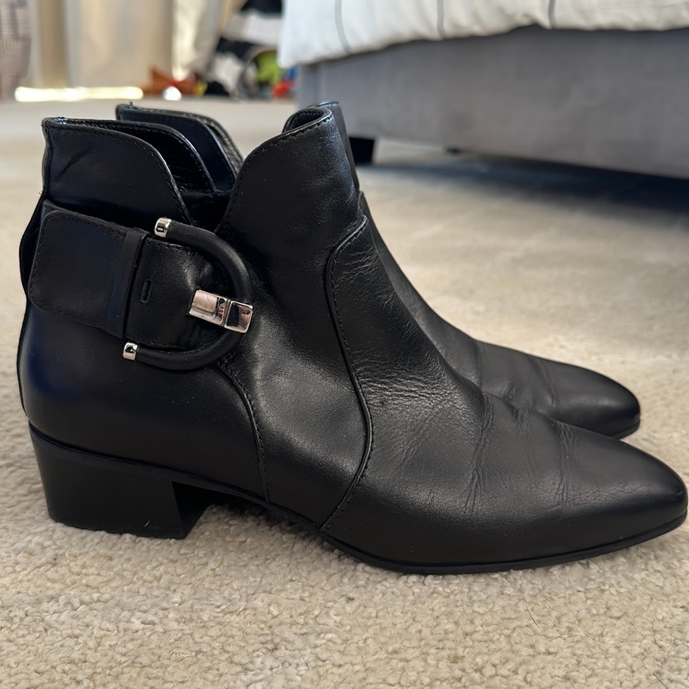 Aquatalia Black Leather Buckle Ankle Boot 7.5